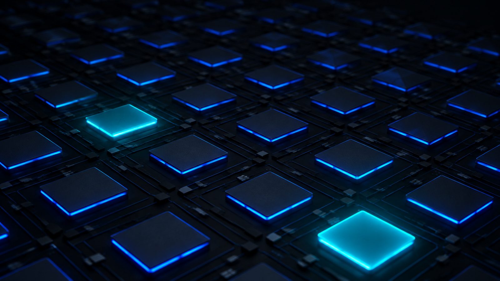 A grid of antenna patches edge-lit in blue, two of them lit brighter