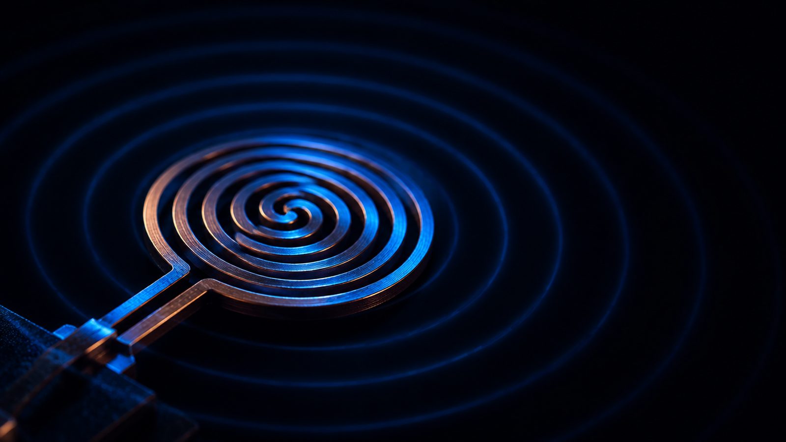 A coiled spiral antenna element with radio wavefronts radiating outward